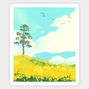 Lone tree on yellow flower field Sticker